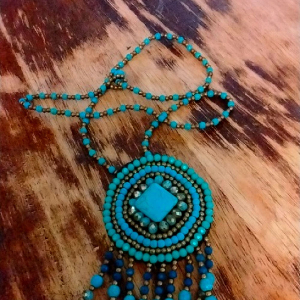 Turquoise Hand Beaded Tribal Necklace with Fringe